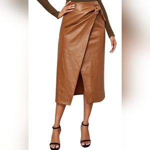 Medium High Waist Wrap Faux Leather Midi Skirt with Knot Detail